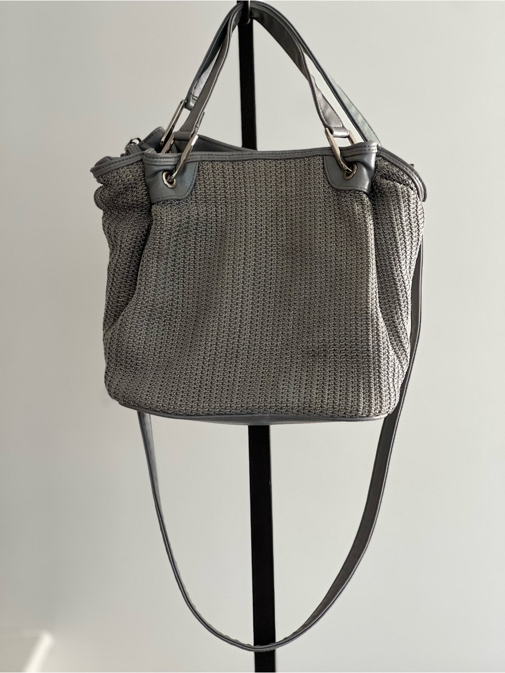Monoreno Gray Woven Tote Shoulder Bag with Crossbody Strap